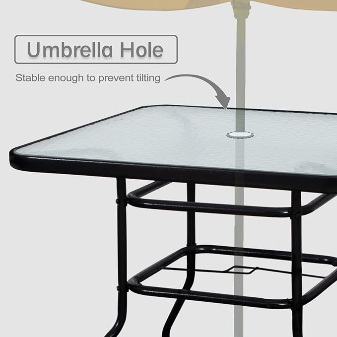 DIMAR GARDEN 32" Outdoor Coffee Table with Umbrella Hole, Patio Square Side Bistro Table with Glass Top, Black - Photo 4