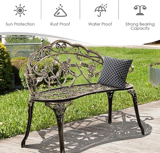 Patio Outdoor Park Loveseat Bench for Garden Porch Deck Made Cast Iron Anti-Rust Aluminum Metal, 2-3 Seater (38.5" Inch Aluminum Outdoor Rose Bronze Bench)