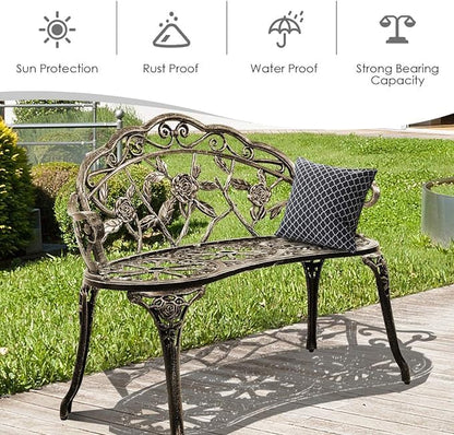 Patio Outdoor Park Loveseat Bench for Garden Porch Deck Made Cast Iron Anti-Rust Aluminum Metal, 2-3 Seater (38.5" Inch Aluminum Outdoor Rose Bronze Bench)