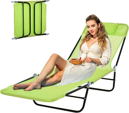 Outdoor Tanning Chair with Pillow, Folding Chaise Lounge Chair with Adjustable Backrest, Portable Lay Flat Beach Lounge Chairs for Sunbathing Poolside Patio Lawn Camping(Green 2)