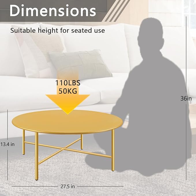 Patio Round Steel Patio Coffee Table, Weather Resistant Anti-Rust and Waterproof Indoor and Outdoor Large Side Table, for Garden Living Room Bedroom Balcony（Gold）