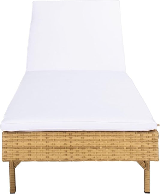 SAFAVIEH Outdoor Collection Cam Natural Brown Wicker/White Cushion Adjustable Chaise Lounge Chair, Black/Beige (PAT7501D)