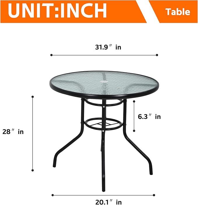 MKDLUFEI 32 Inch Round Outdoor Dining Table, Patio Table with Umbrella Hole, Tempered Glass Top, Black Steel Frame - Photo 3