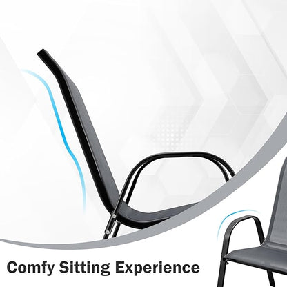 COSTWAY Patio Dining Chairs Set of 2, Stackable Outdoor Chairs with Armrest and High Back, Breathable Fabric & Metal Frame Chair for Garden Poolside Backyard Deck (Grey)