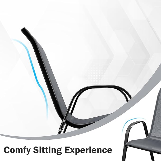 COSTWAY Patio Dining Chairs Set of 4, Stackable Outdoor Chairs with Armrest and High Back, Breathable Fabric & Metal Frame Chair for Garden Poolside Backyard Deck (Grey)