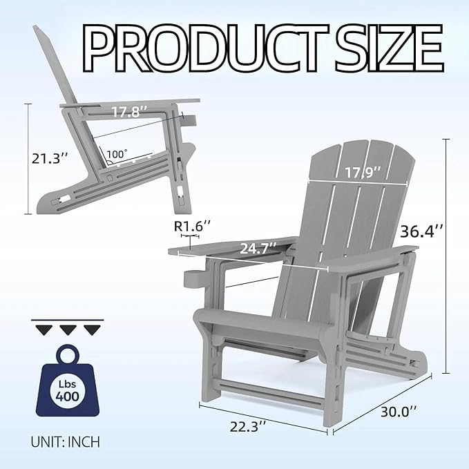 FONTOI Adirondack Chair, Plastic Adirondack Chair with Cup Holder, Outdoor Weather Resistant Lawn Furniture, 400 LBS Capacity Recliner, Garden Backyard Patio Without Screws Install, Grey