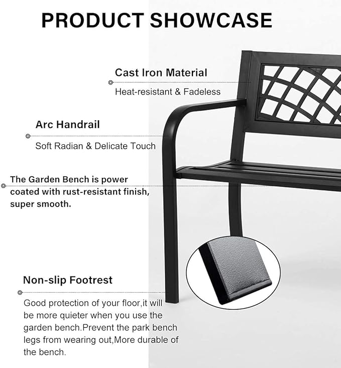45.5in Outdoor Patio Garden Bench Mesh Pattern Loveseat,Cast Iron Heavy Duty Front Porch Chair w/Steel Frame- Easy Assembly Rust Free for Park Yard Backyard Lawn Pool Decor Deck Furniture- Black