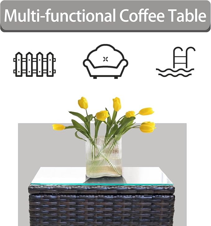 Outdoor Patio Wicker Table,Rattan Side Table,Modern Patio End Side Table with Glass Countertop and Storage Space,for Porch Garden Balcony