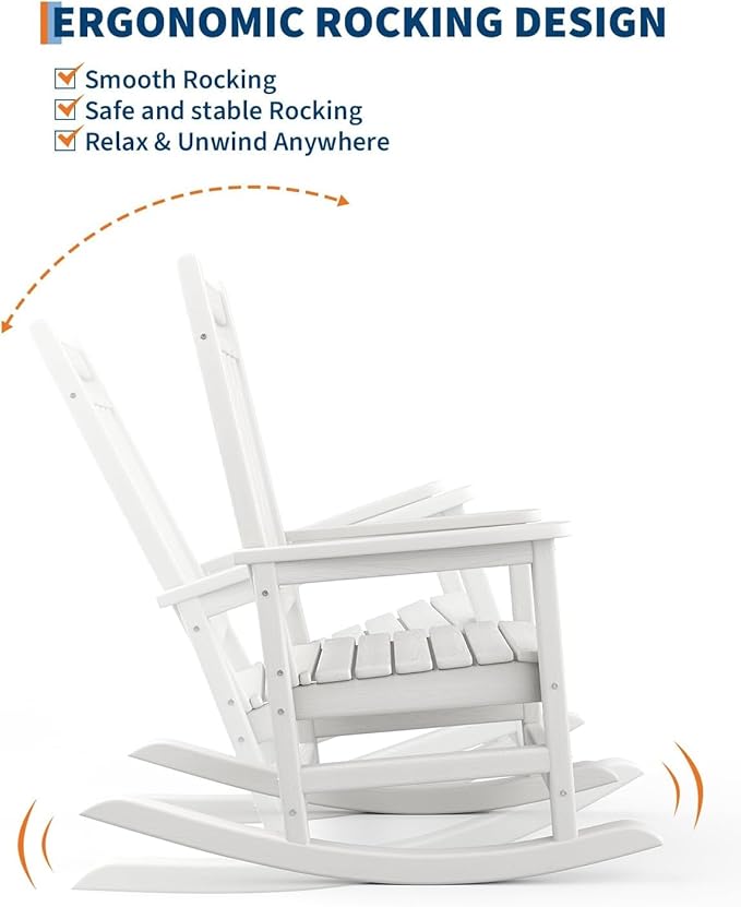 HDPE Outdoor High Back Adirondack Rocking Chair, All-Weather Patio Furniture for Adults, 380lbs Weight Capacity, Low-Maintenance Porch Rocker for Backyard/Garden, White