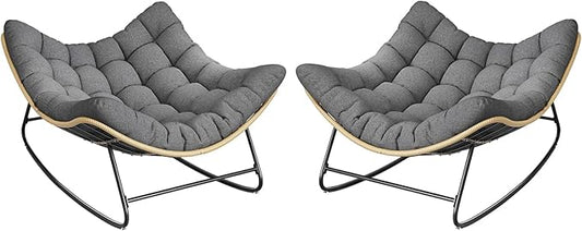 Outdoor Rocking Chair, 2 PCS Indoor Papasan Chairs, Oversized Egg Rocking Chair with Thick Cushion, Rattan Wicker Rocker Lounge Chair for Bedroom, Living Room, Patio, Garden, Porch (Dark Grey)