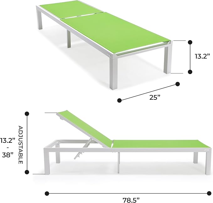 LeisureMod Marlin Aluminum Outdoor Chaise Lounge Chair - Mesh Sling Fabric Seat White Aluminum Frame Beach, Pool Lounge Chair for Modern Patio Lawn, Garden and Backyard (Green)
