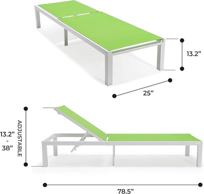 LeisureMod Marlin Aluminum Outdoor Chaise Lounge Chair - Mesh Sling Fabric Seat White Aluminum Frame Beach, Pool Lounge Chair for Modern Patio Lawn, Garden and Backyard (Green)