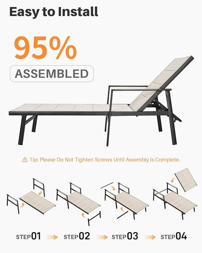 Outdoor Chaise Lounge Set of 2, Never-Rust Aluminum Patio Lounge Chairs with 3D Ultra-Thick Textilene, 6-Position Adjustable Backrest Pool Loungers for Sunbathing, Poolside, Beach, Lawn
