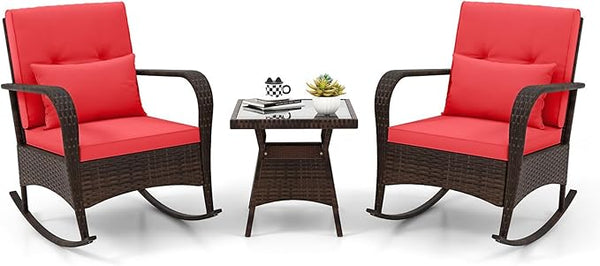 ORALNER 3 Pieces Patio Furniture Set, Outdoor Wicker Rocking Chairs with Cushions, Pillows, Glass Coffee Table - Photo 1