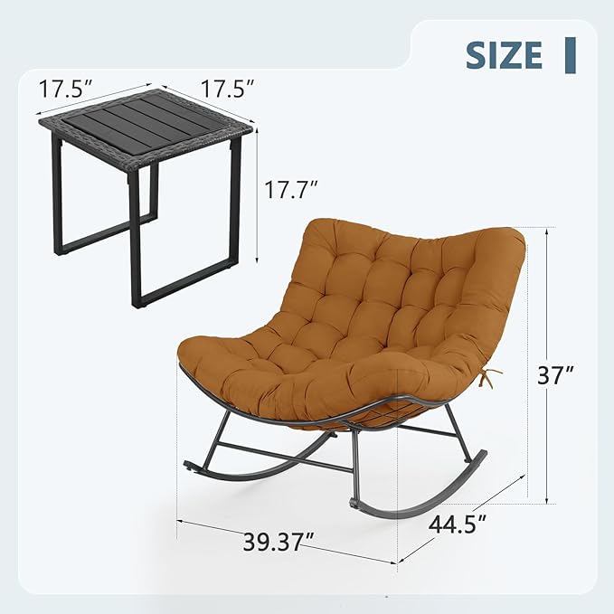 Outdoor Rocking Chairs Set of 2 with Wicker Side Table, Thick Cushioned Papasan Rocking Chairs with End Table, 3PCS Oversized Egg Chair Set for Patio, Porch, Balcony, Bedroom, Living Room, Brown