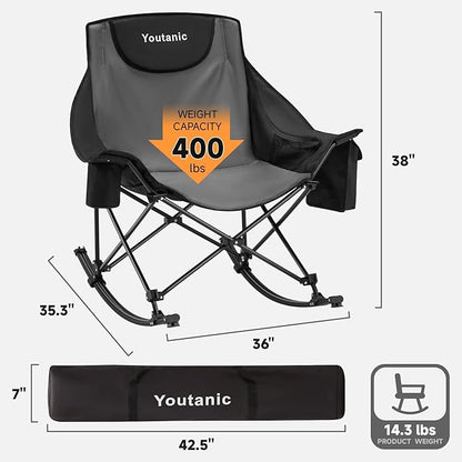 Oversized Folding Rocking Camping Chair, Padded Portable Rocking Chair with Pockets, Cup Holder and Carry Bag, Heavy Duty Outdoor Rocker Patio Chair for Garden, Lawn, Yard, Up to 400lbs, Gray
