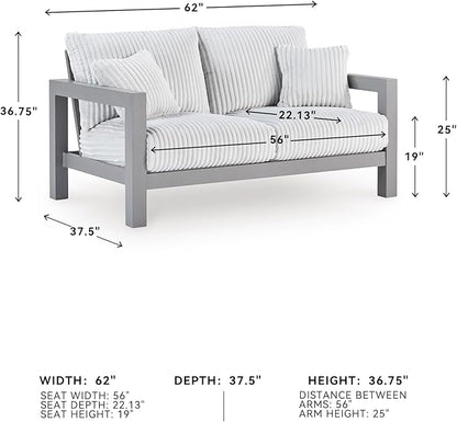 Signature Design by Ashley Moonlight View Contemporary Outdoor Nuvella Weather Resistant Fabric Loveseat with Cushion and 2 Throw Pillows, White & Light Gray
