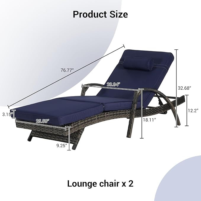 KEIKI Wicker Outdoor Chaise Lounge Chairs Set of 2 for Patio & Pool Side with 5-Level Adjustable Backrest and Cushions - Photo 2