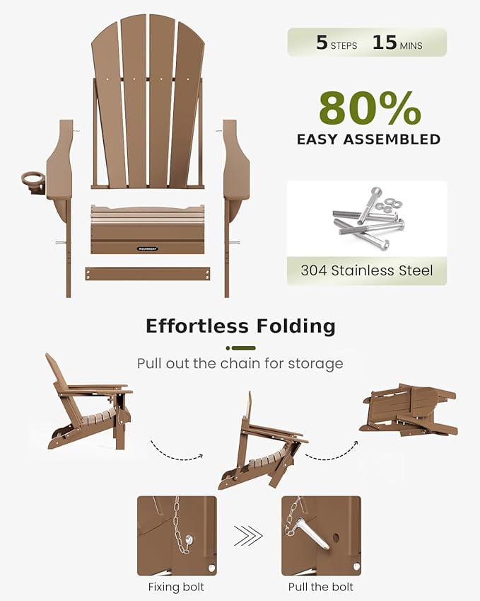 MUCHENGHY Folding Adirondack Chairs Set of 2, Patio Chairs, Lawn Chairs, Outdoor Chair, Adirondack Chair Plastic, Fire Pit Chairs, Weather Resistant with Cup Holder for Deck, Backyard, Garden(Teak)