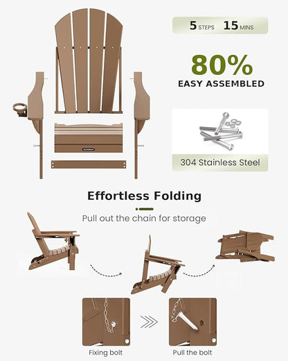 MUCHENGHY Folding Adirondack Chairs 4 Pack, Patio Chairs, Lawn Chairs, Outdoor Chairs, Adirondack Chair Plastic, Fire Pit Chairs, Weather Resistant with Cup Holder for Deck, Backyard, Garden(Teak)