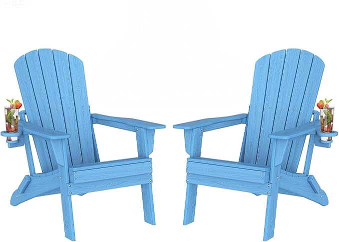 Plawdlik Folding Adirondack Chair Set of 2 with Cup Holder, Heavy All-Weather, Wooden Textured, HDPE Outdoor Chairs - Photo 1