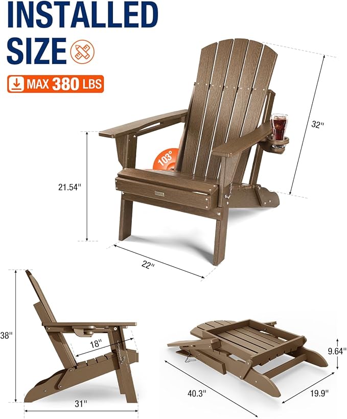 Adirondack Chair with Cup Holder: Folding Adirondack Chairs Plastic HDPE Material Furniture - Composite Fire Pit Chairs Foldable for Outdoor/Backyard/Garden/Lawn/Deck/Porch/Patio
