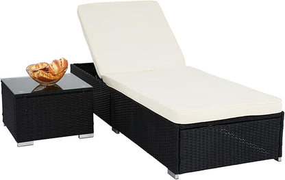 VINGLI Outdoor Chaise Lounge Chair Set with Side Table, Pool Lounge Chair with Adjustable Backrest,Waterproof Black Rattan Recliners Outside Patio Lounger Furniture