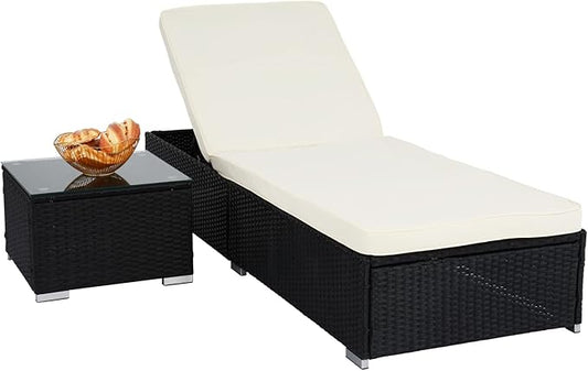 VINGLI Outdoor Chaise Lounge Chair Set with Side Table, Pool Lounge Chair with Adjustable Backrest,Waterproof Black Rattan Recliners Outside Patio Lounger Furniture