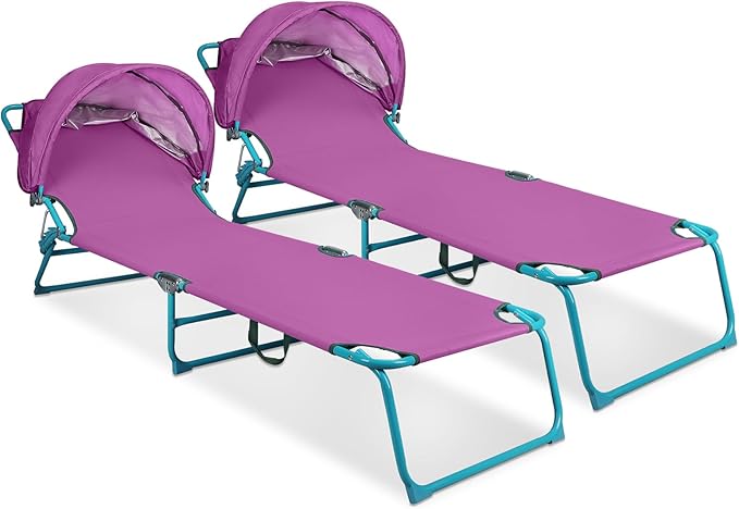 Northroad 2 Pack Beach Lounge Chair with Canopy Shade, Adjustable 4 Position Foldable Tanning Chair, Outdoor Heavy Duty Chaise Lounge Chair, for Poolside Patio Sunbathing Lawn, UPF 50+, Purple