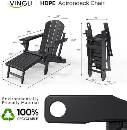VINGLI Folding Adirondack Chair Set of 4 with Ottoman, Waterproof Plastic HDPE Firepit Chair for Outside with Hidden Footrests, Foldable Ergonomics Seating for Patio Porch Yard Garden(Black)