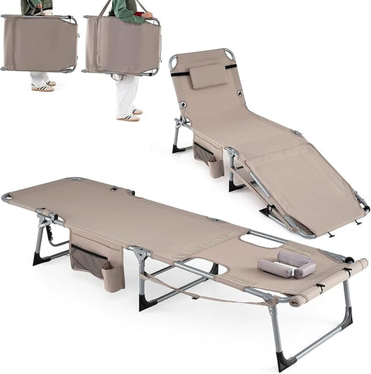 Goplus Tanning Chair with Face Arm Holes, Portable Sunbathing Chair w/4-Level Backrest, Head Pillow, Patio Lay Flat Folding Chaise Lounge with Side Pocket, Shoulder Strap for Pool Beach (1,Beige)