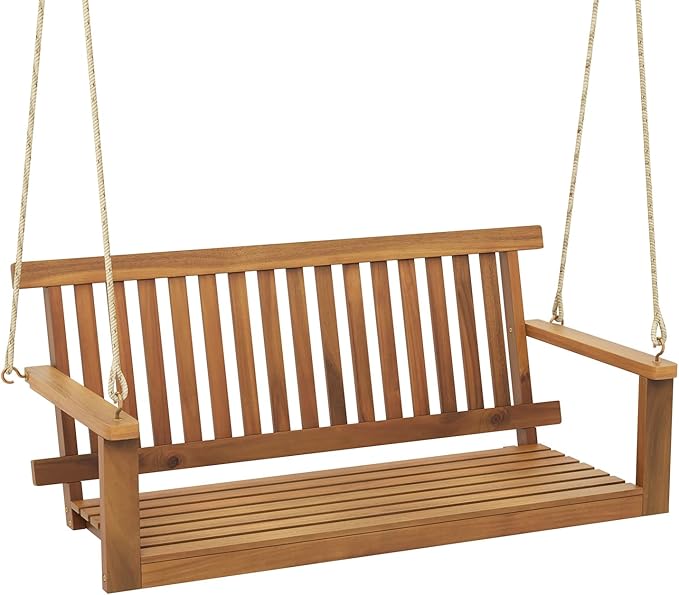 Tangkula 2 Person Hanging Porch Swing, Wooden Patio Swing with 2 Hanging Hemp Ropes, Slatted Seat & Back - Photo 1