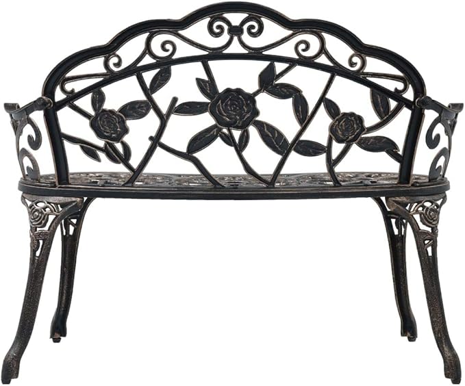 Bronze Cast Aluminum and Cast Iron Bistro Bench, Medium Sturdy Outdoor Garden Seating with Floral Design, Weather Resistant Patio Furniture for Two, Durable and Comfortable