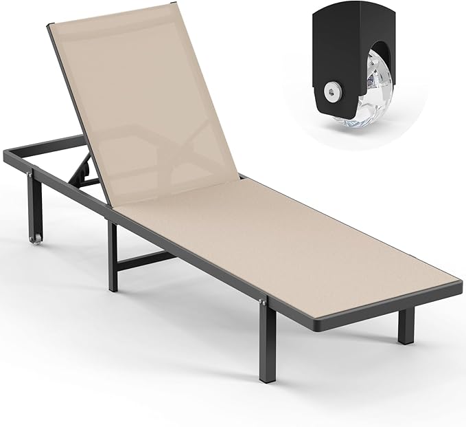 Lounge Chair Outdoor with Wheels, Aluminum Patio Chaise Lounge Chair with 5 Adjustable Backrest - Easy to Move- Pool Lounge Chairs for Deck, Beach, Poolside （Khaki