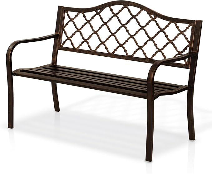 AJP Distributors 50" Outdoor Bench Garden Bench with Diamond Pattern Steel Metal Frame Park Bench Cast Iron Backrest Armrests for Patio Lawn Yard Deck Front Porch Backyard Driveway Balcony Furniture