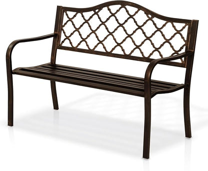 AJP Distributors 50" Outdoor Bench Garden Bench with Diamond Pattern Steel Metal Frame Park Bench Cast Iron Backrest Armrests for Patio Lawn Yard Deck Front Porch Backyard Driveway Balcony Furniture