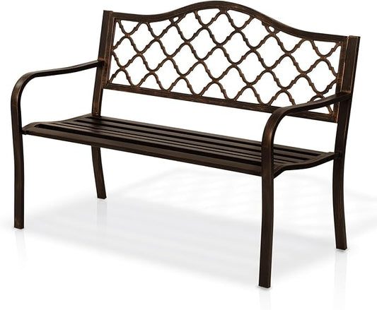 AJP Distributors 50" Outdoor Bench Garden Bench with Diamond Pattern Steel Metal Frame Park Bench Cast Iron Backrest Armrests for Patio Lawn Yard Deck Front Porch Backyard Driveway Balcony Furniture