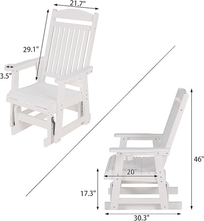 Poly Lumber Patio Glider for One Person, with Cup Holders, High Backrest and Deep Contoured Seat, HIPS Material, All-Weather Resistant, Heavy Duty 700 LBS (Ivory White)