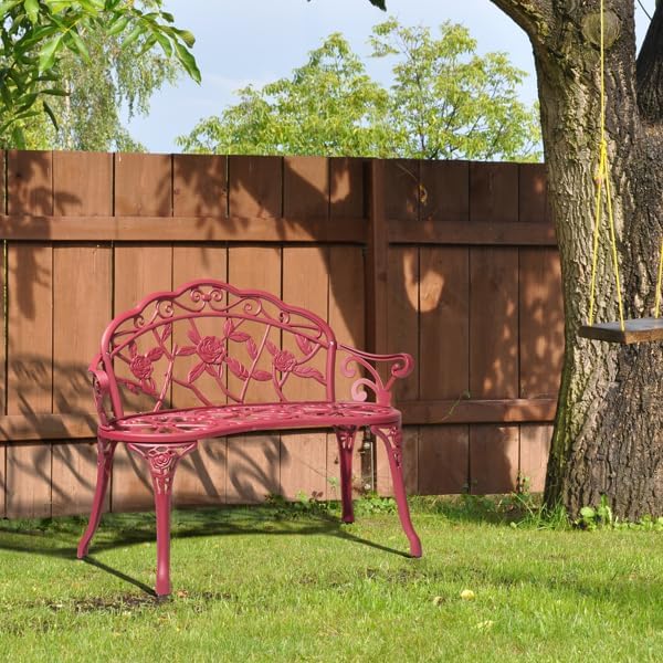 Red Patio Outdoor Park Loveseat Floral Bench for Garden Porch Deck Lawn Porch Path Yard Decor Made Cast Iron Anti-Rust Aluminum Metal, 2-3 Seater (Red Rose)