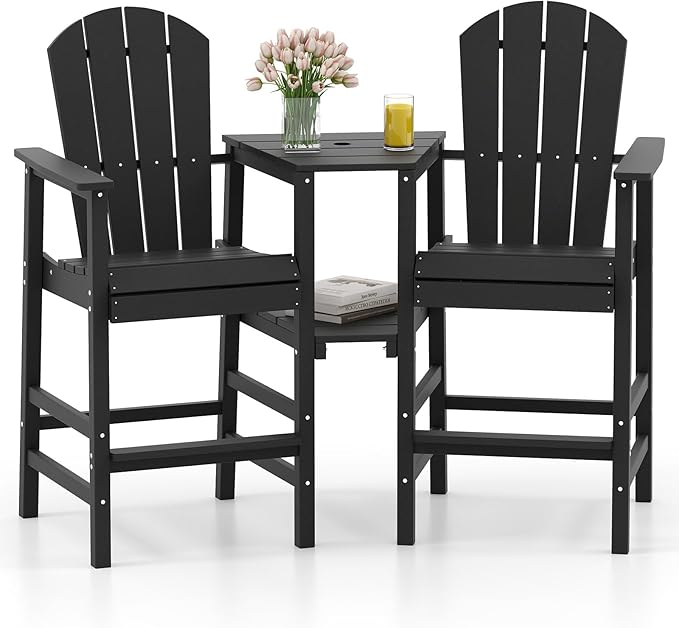 Giantex Outdoor Tall Adirondack Chairs Set of 2, HDPE Adirondack Bar Stools w/Double Connecting Tray, Umbrella Hole, High Backrest, All-Weather Balcony Chair, Patio Barstools for Garden Lawn (Black)