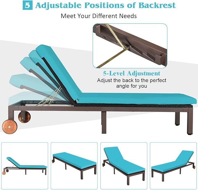 Tangkula Patio Chaise Lounge Chair, Outdoor Rattan Lounger Recliner Chair with Wheels, Wicker Chaise Chair W/Cushioned Seating, Recliner 5-Position Adjustable for Garden Patio Poolside (2, Turquoise)