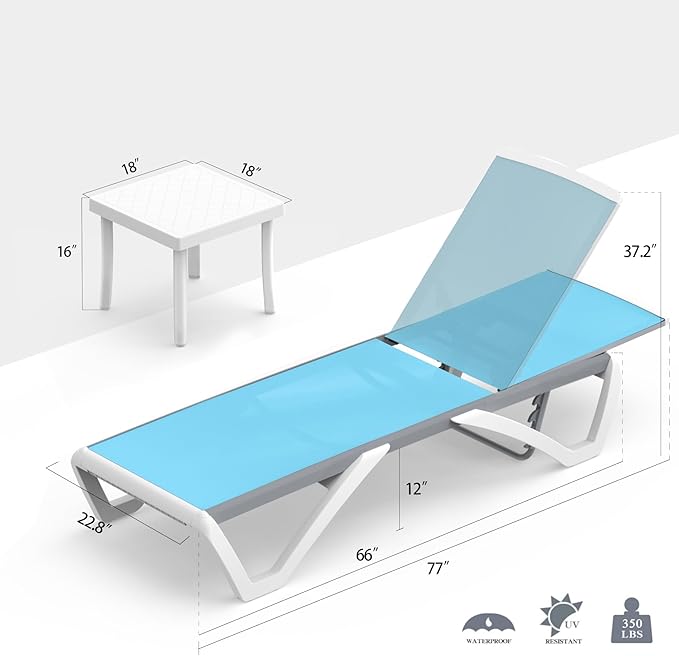Domi Pool Lounge Chair Aluminum Adjustable Outdoor Chaise Lounge,All Weather Plastic Poolside Lounge Chair with Table for Deck Lawn Backyard, Aqua Textilene