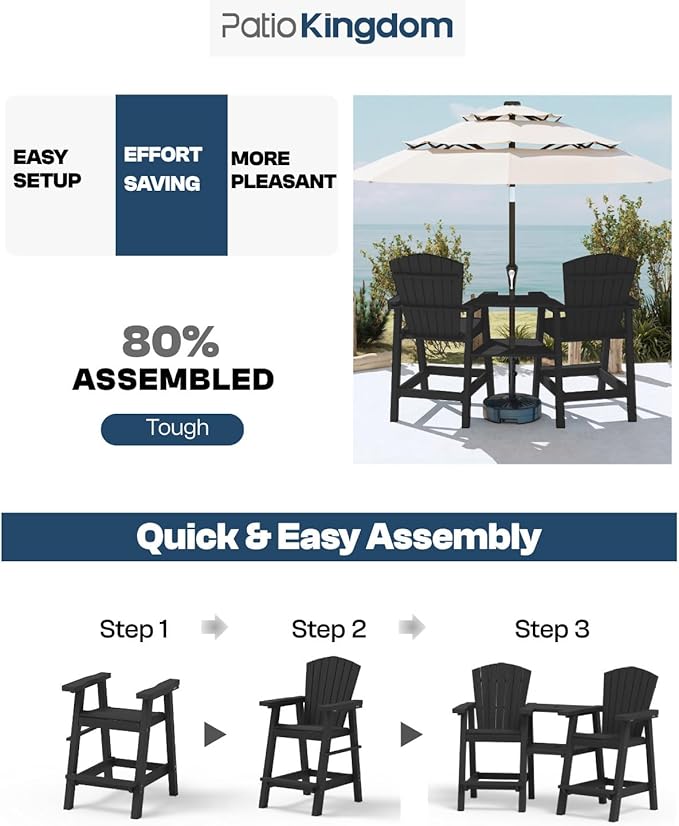 Tall Adirondack Chairs Set of 2 with Removable Tray, HDPE Bar Height Adirondack Bar Stools, High Back Patio Chairs for Balcony, Deck, Lawn, Backyard, All-Weather Outdoor Furniture, Gray