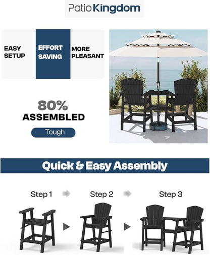 Tall Adirondack Chairs Set of 2 with Removable Tray, HDPE Bar Height Adirondack Bar Stools, High Back Patio Chairs for Balcony, Deck, Lawn, Backyard, All-Weather Outdoor Furniture, Black