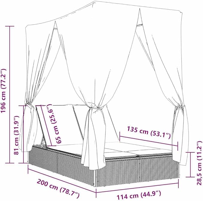 Double Chaise Lounge 78.7"x44.9"x77.2" Gray PE Rattan Adjustable Backrest UV Roof Curtains Navy Cushion Pool Garden - Photo 2
