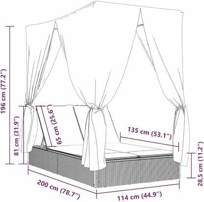 Double Chaise Lounge 78.7"x44.9"x77.2" Gray PE Rattan Adjustable Backrest UV Roof Curtains Navy Cushion Pool Garden