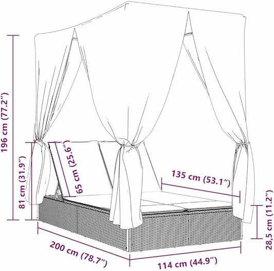 Double Chaise Lounge 78.7"x44.9"x77.2" Gray PE Rattan Adjustable Backrest UV Roof Curtains Navy Cushion Pool Garden