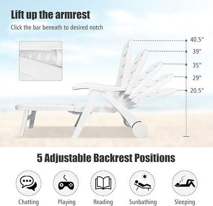 LDAILY Moccha Plastic Folding Lounge Chair, 5-Position Adjustable Chaise Lounge with 2 Rolling Wheels, Armrest, Outdoor Chaise Chair for Patio, Beach, Backyard, Poolside, Home (1, White)