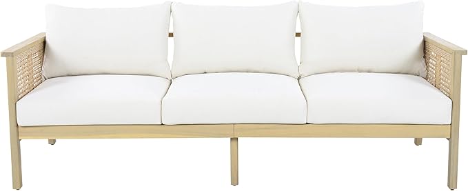 Merax Patio Acacia Wood PE Wicker 3-Seater Sofa with Waterproof Detachable Cushion, Outdoor Furniture - Photo 2