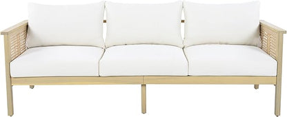 Merax Patio Acacia Wood PE Wicker 3-Seater Sofa with Waterproof Detachable Cushion, Outdoor Furniture, Light Teak Finish & Cream Cushion